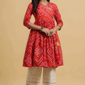 Readymade AC Cotton Kurti Set With Stylish Plazo Red Colour